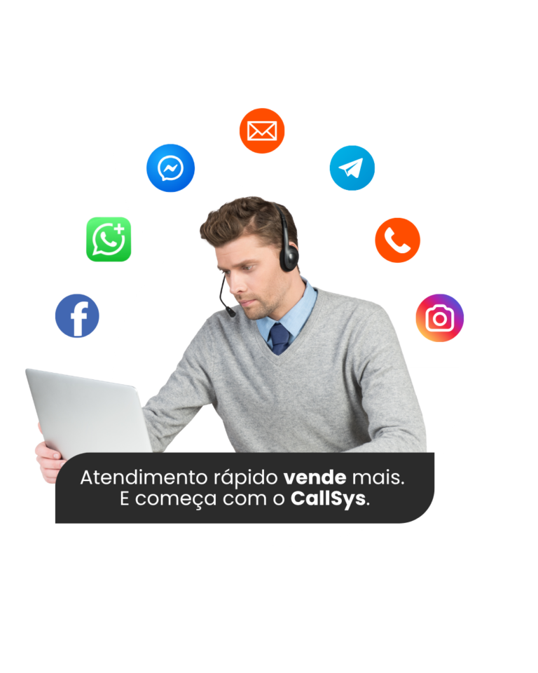 Atendente com headset usando notebook, cercado por ícones de redes sociais. Atendimento rápido e centralizado com o CallSys aumenta as vendas e integra canais como WhatsApp, Instagram e Facebook.