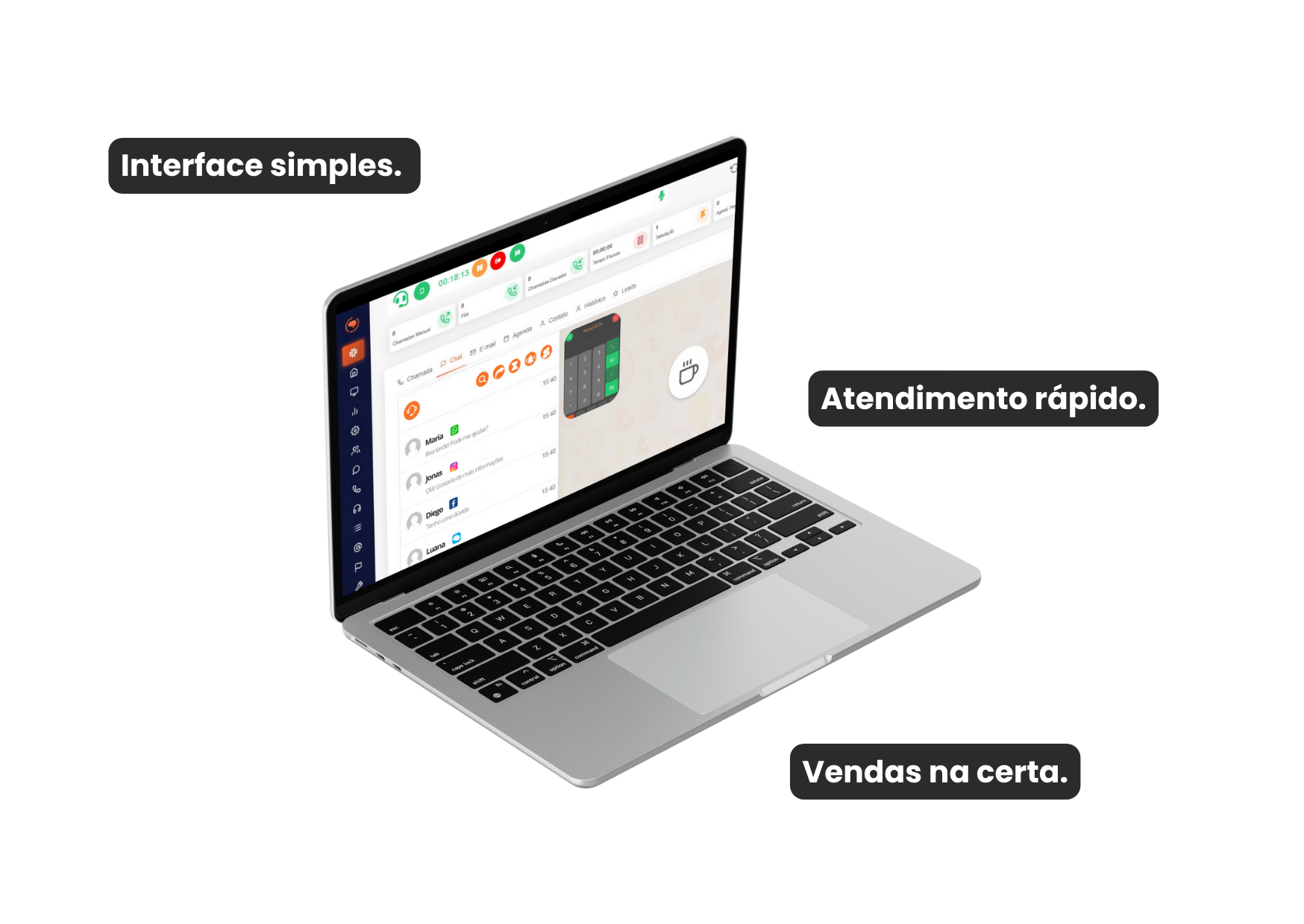 Sistema de atendimento no notebook com tela da plataforma CallSys. Software para atendimento via WhatsApp Business API, central de atendimento digital e integração com CRM.